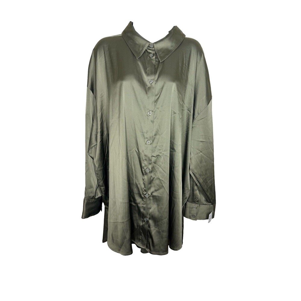 Open Edit Olive Green Satin Button Down Long Sleeve Shirt Tunic Top sz 3X NEW